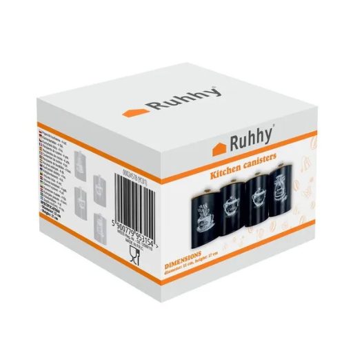 4 részes, 1,5 l-es fekete légmentes ételtároló készlet bambusz fedéllel