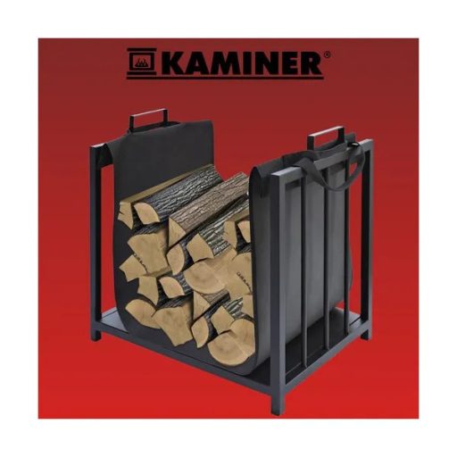 Kaminer 24628 fekete tűzifaállvány 50×37×50 cm, porfestett acél hordtáskával