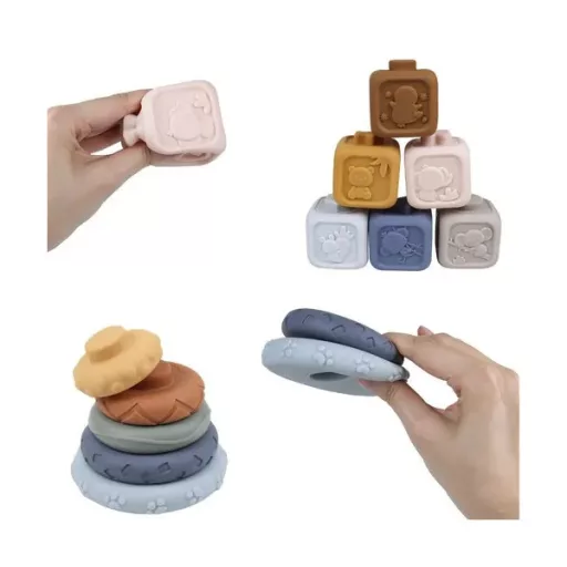 Puha szenzoros építőkocka és korong készlet, 13 db, BPA-mentes PVC, 6 hó+
