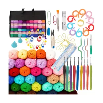   113 darabos horgoló készlet táskával, 9 tű, 40 fonal, multikolor