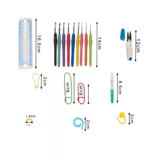 113 darabos horgoló készlet táskával, 9 tű, 40 fonal, multikolor
