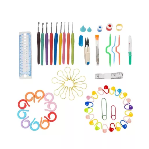 113 darabos horgoló készlet táskával, 9 tű, 40 fonal, multikolor