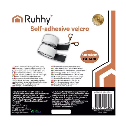 Öntapadós tépőzár szalag, fekete, 5 m x 5 cm, 800 g teherbírás