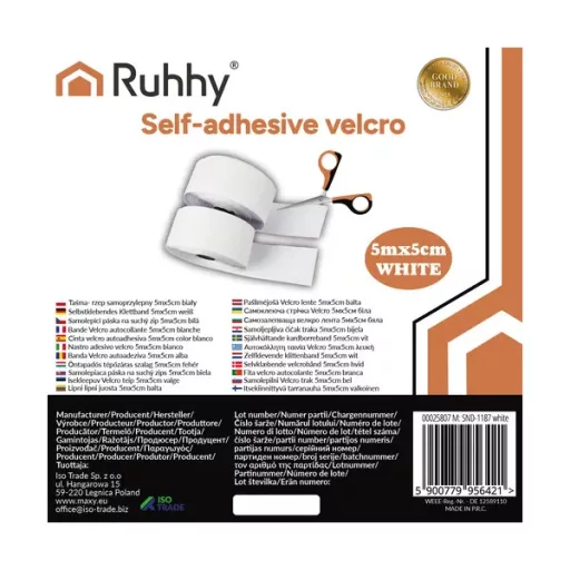 Öntapadós tépőzár szalag, 5 m x 5 cm, fehér, Ruhhy