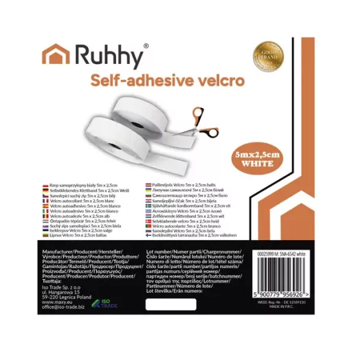 Öntapadó fehér tépőzár szalag 5 m x 25 mm, 320 g teherbírás