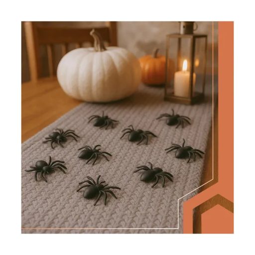 Fekete műanyag dekorációs pókok, 10 db-os készlet, 3×3 cm