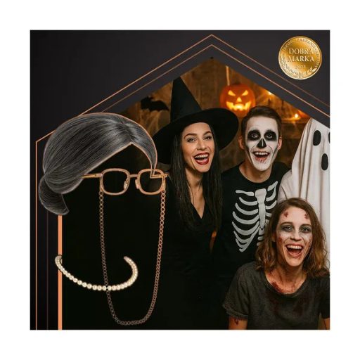 5 részes nagymama jelmez szett – paróka, szemüveg, gyöngysor, sapka