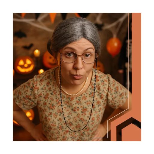 5 részes nagymama jelmez szett – paróka, szemüveg, gyöngysor, sapka