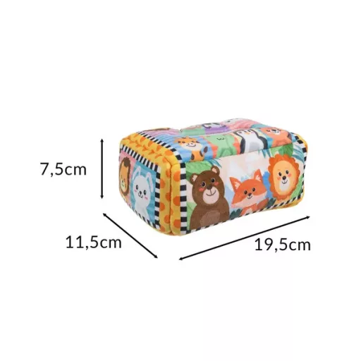 Montessori textil zsebkendőszortírozó doboz babáknak, színes, 0+