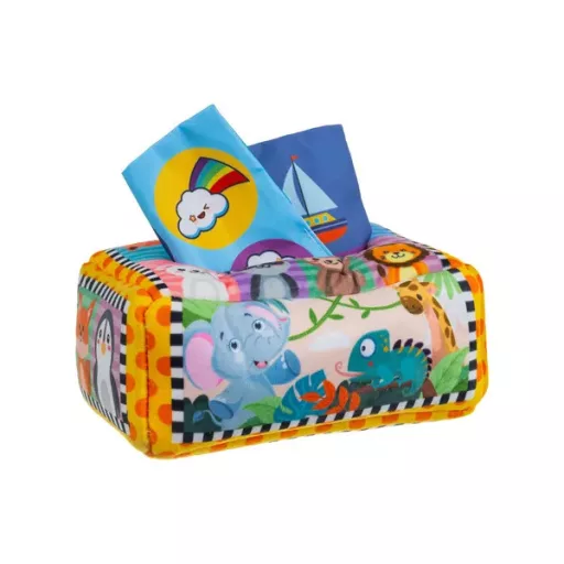 Montessori textil zsebkendőszortírozó doboz babáknak, színes, 0+