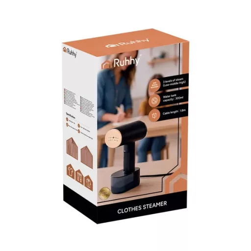 Ruhhy 2000 W fekete ruhagőzölő érintőkijelzővel, 300 ml, 3 gőzfokozat