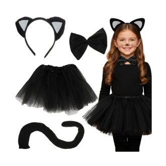   Fekete cica jelmez gyerekeknek, 4 részes szett, 3-10 éves, mosógépben mosható