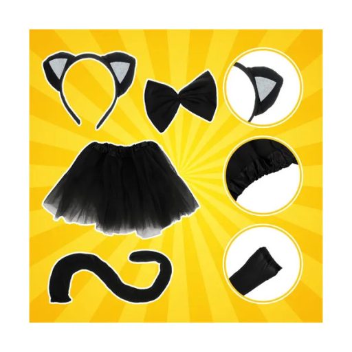 Fekete cica jelmez gyerekeknek, 4 részes szett, 3-10 éves, mosógépben mosható