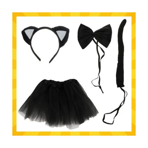 Fekete cica jelmez gyerekeknek, 4 részes szett, 3-10 éves, mosógépben mosható