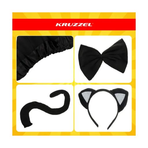 Fekete cica jelmez gyerekeknek, 4 részes szett, 3-10 éves, mosógépben mosható