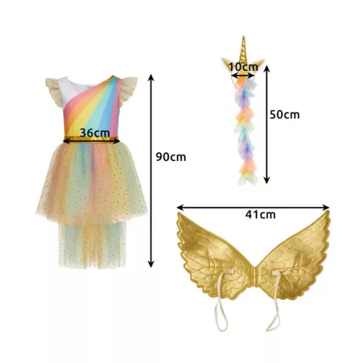Unikornis jelmez lányoknak 3 részes szett 122-128 cm – ruha, szárny, fejpánt