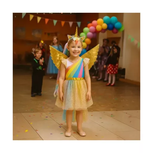 Unikornis jelmez lányoknak 3 részes szett 122-128 cm – ruha, szárny, fejpánt