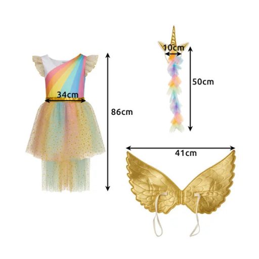 Gyerek 3 részes unikornis jelmez szett, 110–116 cm, ruha+szárny+fejpánt