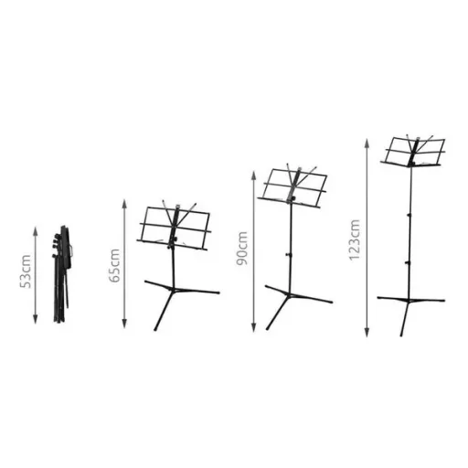 Fekete, állítható magasságú, összecsukható kottatartó állvány hordtáskával
