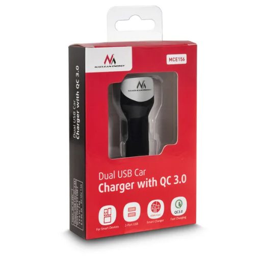 Autós USB gyorstöltő 4,8A 2×USB QC3.0 + 1,5m microUSB kábel, ezüst