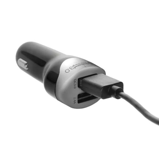 Autós USB gyorstöltő 4,8A 2×USB QC3.0 + 1,5m microUSB kábel, ezüst