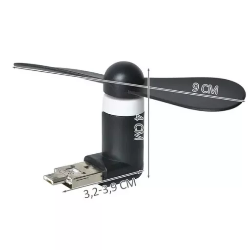 2 az 1-ben USB-microUSB mini ventilátor fekete, 9 cm