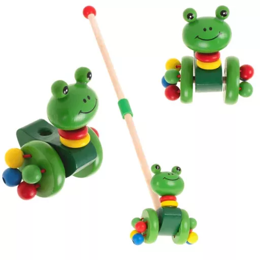 Fa tologatható béka totyogóknak, leszerelhető rúddal, csörgős kerekek