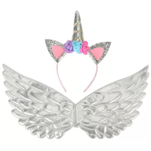 Unicornis jelmez szett, ezüst szoknya, szárny, fejpánt, 3+ év