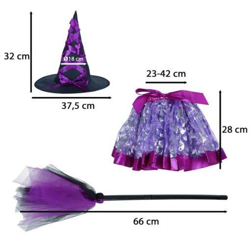 Gyerek boszorkány jelmez szett 3 részes, lila, univerzális méret