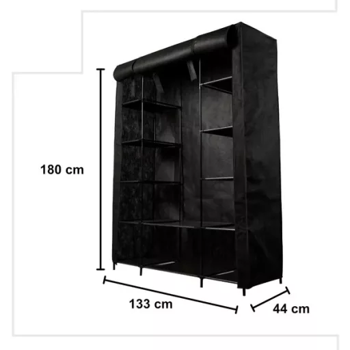 Összecsukható textil gardróbszekrény XXL 180×133×44 cm fekete