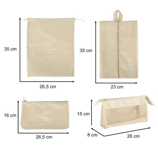 8-részes bézs vízlepergető bőrönd rendező szett ruhához, cipőhöz, kozmetikumhoz