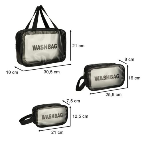 Átlátszó, vízálló utazó kozmetikai táska szett, 3 db, fekete, repülőhöz