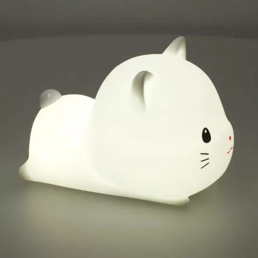 Szilikon gyereklámpa fekvő cica alakban, USB-s, dimmelhető, időzítős