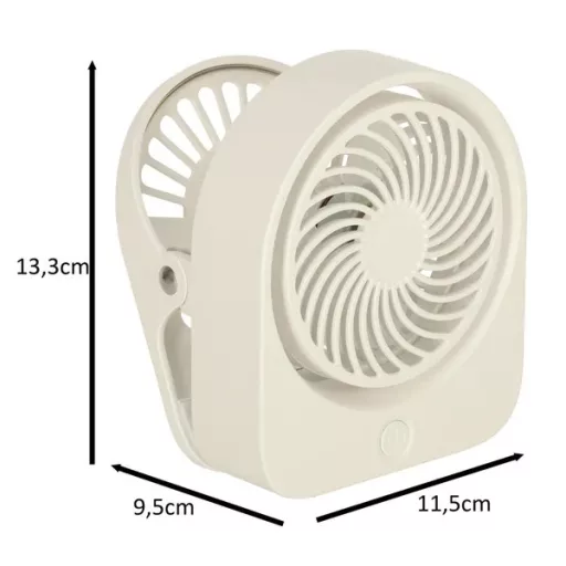 Vezeték nélküli fehér USB-asztali ventilátor csipesszel, 11,5 cm, 3 fokozat