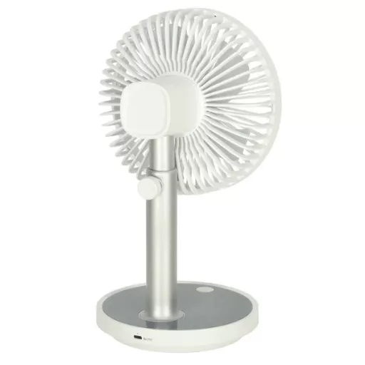 Akkumulátoros asztali ventilátor, USB-töltés, 4 fokozat, LED, 30-38 cm, fehér