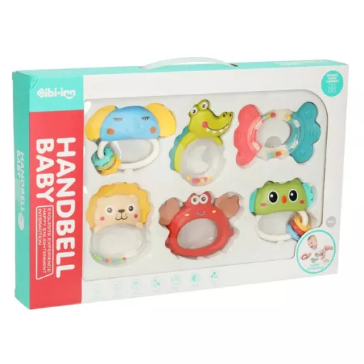 6 darabos állatkás csörgő és rágóka szett babáknak, BPA-mentes 0hó+