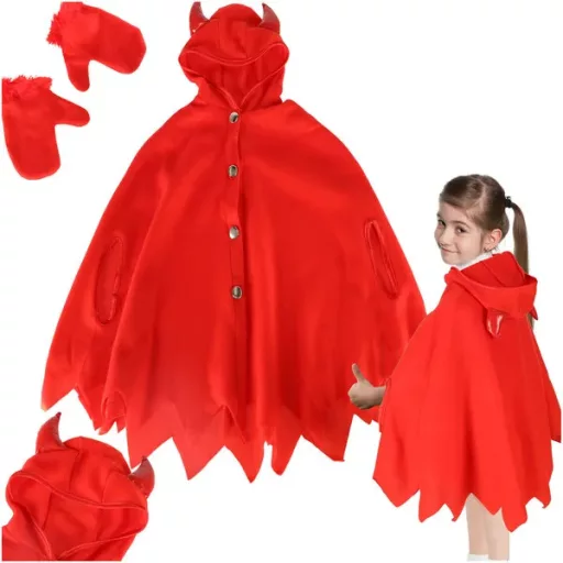 Gyerek ördög jelmez, S méret (100–110 cm), piros, köpeny+kesztyű