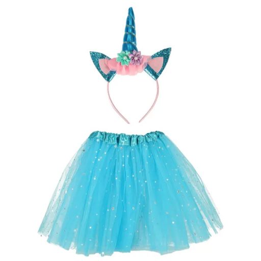 Egyszarvú jelmez szett: kék tüllszoknya és fejpánt, 3–6 év