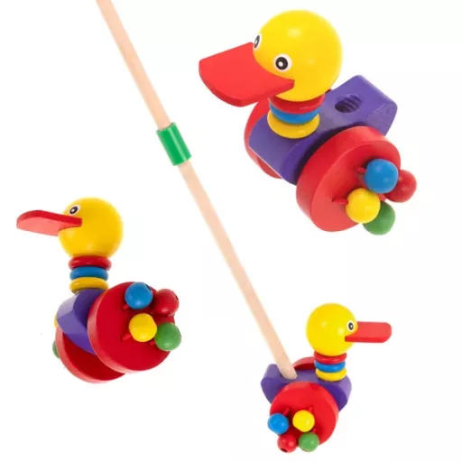 Fa kacsás tolórúd-játék, csörgős kerekekkel, 46 cm