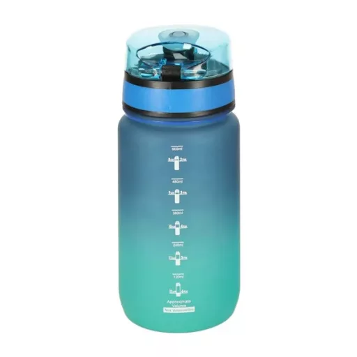 Sport kulacs szívószállal, csuklópánttal, 600 ml, kék-zöld