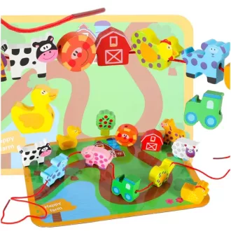   Fa fűzős kockakészlet 12 db-os farm állatos táblával, 3+, 90cm zsinór