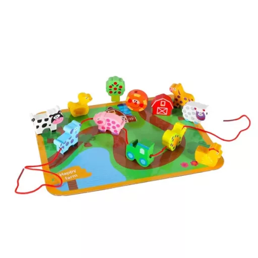Fa fűzős kockakészlet 12 db-os farm állatos táblával, 3+, 90cm zsinór
