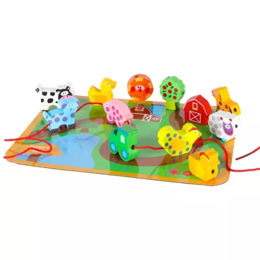 Fa fűzős kockakészlet 12 db-os farm állatos táblával, 3+, 90cm zsinór