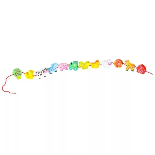 Fa fűzős kockakészlet 12 db-os farm állatos táblával, 3+, 90cm zsinór