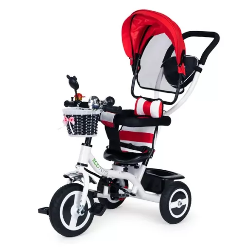 Ecotoys piros, forgatható üléses, gumikerék gyermek tricikli kupolával 12+ hó