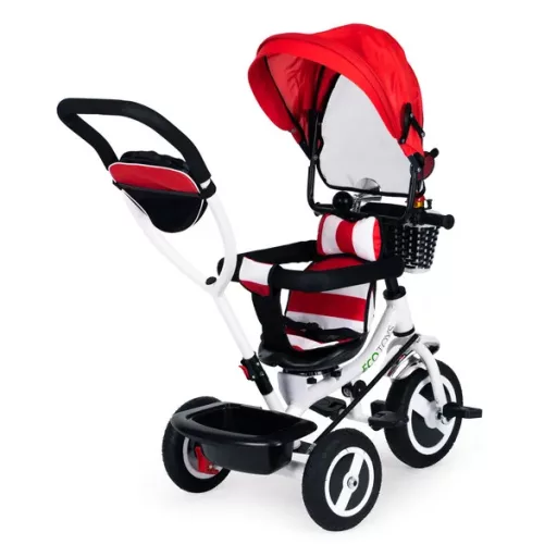Ecotoys piros, forgatható üléses, gumikerék gyermek tricikli kupolával 12+ hó