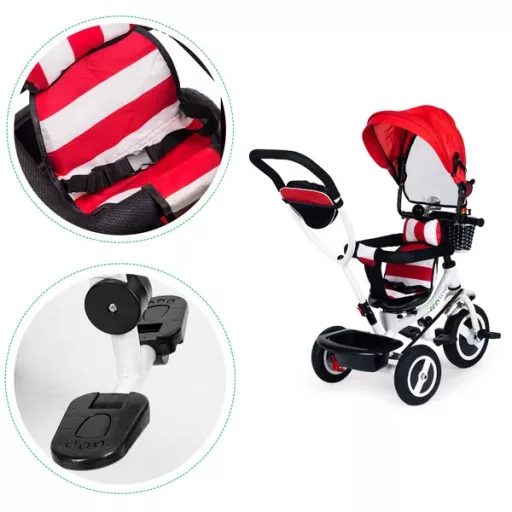 Ecotoys piros, forgatható üléses, gumikerék gyermek tricikli kupolával 12+ hó
