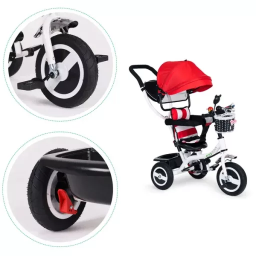 Ecotoys piros, forgatható üléses, gumikerék gyermek tricikli kupolával 12+ hó