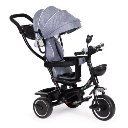 ECOTOYS szürke gyerek tricikli 360° forgatható üléssel és kupolával, 12 hó+