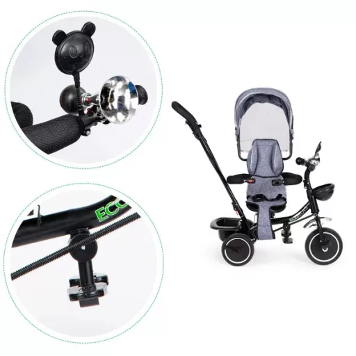 ECOTOYS szürke gyerek tricikli 360° forgatható üléssel és kupolával, 12 hó+